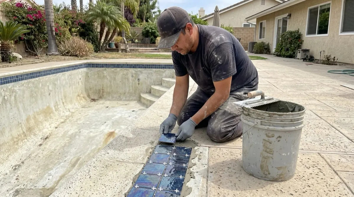Setting new waterline tile on a drained pool